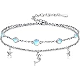 Qyvit Wave/Sea Turtles/Dolphin Bracelet/Anklet 925 Sterling Silver Adjustable Moonstone Bracelet/Anklet Summer Ocean Jewelry Gifts for Women