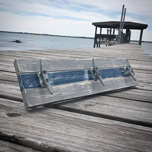 Nautical Boat Cleat Towel Rack, Distressed Gray and Blue