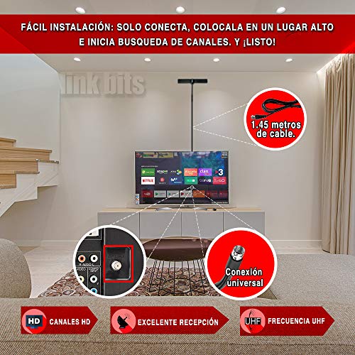 LINK BITS INHD01 Antena de TV Digital para Interior, Alta Definición HDTV Ultra Compacta, Amplifica la Recepción de Canales