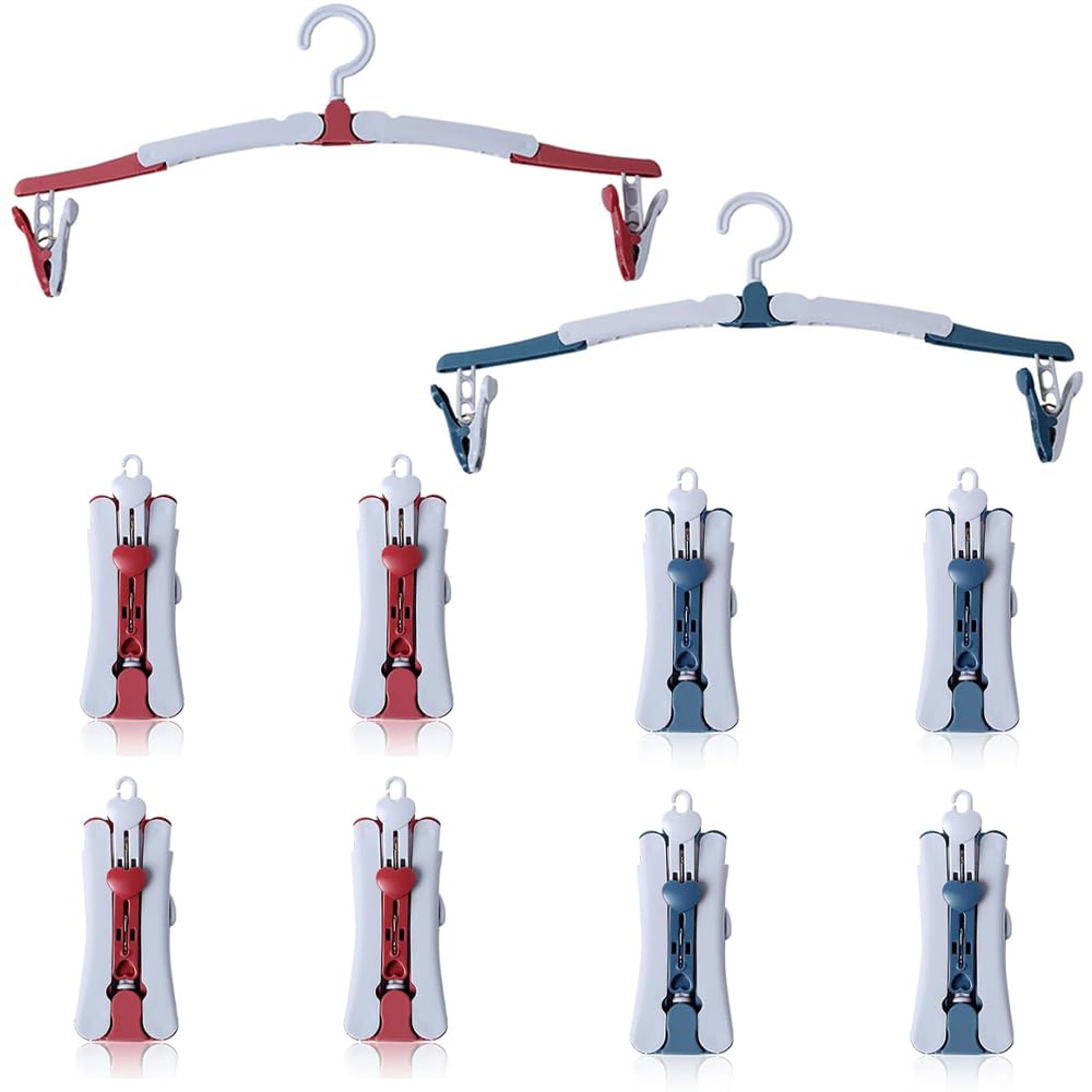 Folding Clothes Hanger, 8 Pcs Folding Clothes Hangers with Clips 360 Degree Rotating Hook for Home Hotel Travel Outdoor Camping Red Blue
