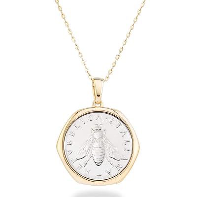 Miabella Italian 18K Gold Plated 925 Sterling Silver Genuine 2-Lira Bee Coin Medallion Pendant Necklace for Women 18 Inch Chain, Made in Italy