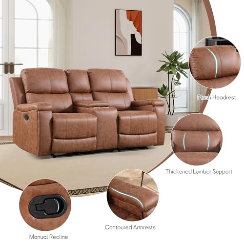 CANMOV Leather Recliner Loveseat, Manual Reclining Sofa with Hidden Cup Holders & Storage Console, Padded Headrest & Lumbar Support Recliner Couch for Living Room, Home Theater, Brown (Loveseat)