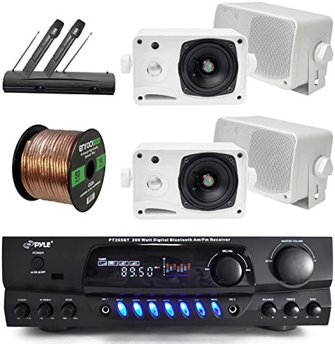 Pyle Bluetooth Digital Karakoe Receiver Amplifier Bundle Combo W/ 4X 3'' 3-Way Wall Mount Speakers (Black or White) + Wireless Handheld Dual Microphone System + Enrock 50 Ft 16g Speaker Wire