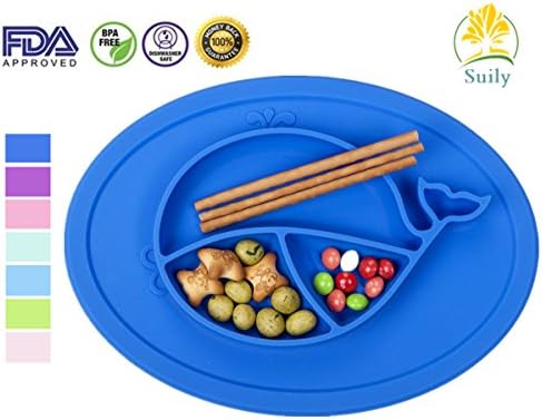 Suily Babies Highchair Feeding Tray Round Silicone Suction Placemat for Children, Kids, Toddlers,Kitchen Dining Table with Built in Plate and Bowl,Little Whale (Dark Blue)