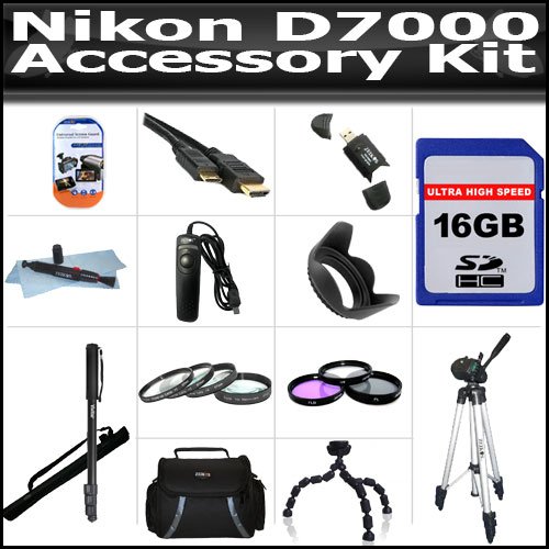 16GB Accessory Kit For The Nikon D7000 Includes 16GB High Speed SD Memory Card + Deluxe Carrying Case + 50 Inch Tripod + 67 Inch Monopod + Gripster + Remote Shutter + Lens Hood + 3pc High Res Filter Kit + 4pc Close Up Filters + HDMI To Mini HDMI Cable +