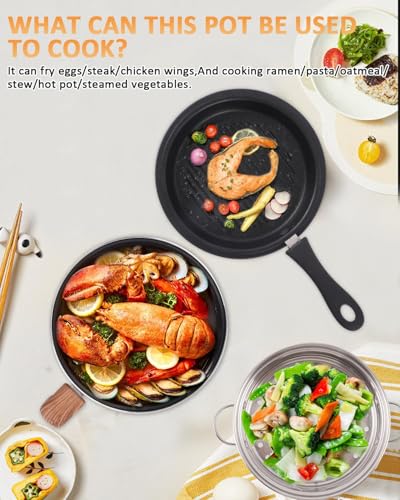 Electric Hot Pot Mini Cooker, 1.8L Ceramic Non-Stick Frying Pan with Steamer, 800W Multifunction Skillet for Stew, Ramen, Pasta & Soup, Ideas for Home Dorm & Travel