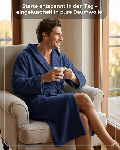 LAYNENBURG Men's Terry Towelling Bathrobe Made of 100% Cotton – Oeko-Tex Standard – Soft Dressing Gown Calf Length with Hood, Tie Belt and Patch Pockets – Ideal for Sauna and Home (M-XXXL)