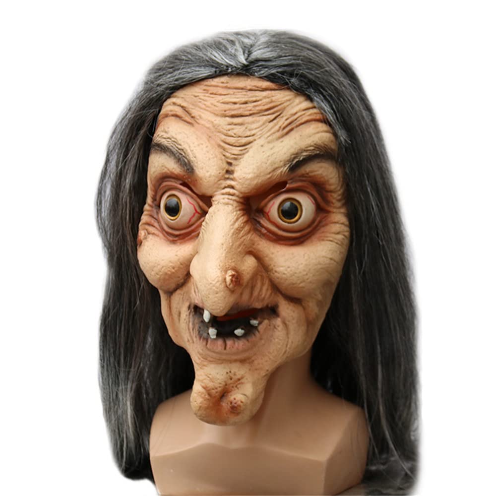 YTFSKFUI Long Hair Old Witch Halloween Mask - Horror Latex Full Face Scary Mask With Wig - Realistic White Halloween Face Mask for Makeup Party Prank Performance