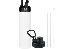 Kerilyn Stainless Steel Water bottle with Straw & Wide Mouth Lid, Wide Rotating Handle, 24oz Double Wall Vacuum Insulated Water Bottle Leak Proof, BPA Free, Keep Cold and Hot, 24oz, White