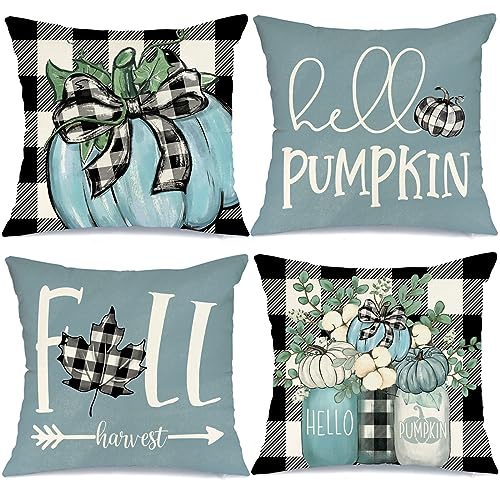 CROWNED BEAUTY Fall Outdoor Decorative Throw Pillow Covers 18 x 18 Inch Set of 4, Plaid Pumpkin Mason Jars Farmhouse Pillowcases for Decoration (Blue) CP056-18
