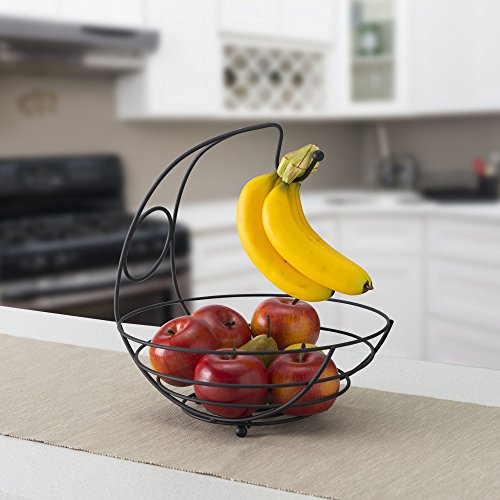 Home Basics Steel Scroll Fruit Basket with Banana Tree, Black