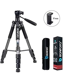 BONFOTO Q111 55-Inch Professional Compact Aluminum Camera Tripod Camcorder Stand with Pan Head Plate and Phone Holder Mount for DSLR Canon Nikon Sony DV Video and Smartphones (Silver gray)