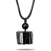 GALKCRST Raw Black Tourmaline Necklace - Protection Crystal Black Necklace for Men Healing Crystal Necklace with Leather Chain and Adjustable Knot Soothe Mind Emotions