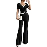 SOLY HUX Women's Elegant 2 Piece Outfits Button Down Short Sleeve Fitted Top Flared Pants Work Office Clothes