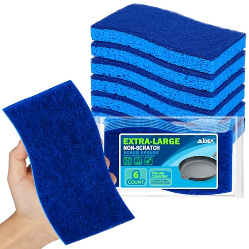 AIDEA XL Scrub Sponges Non-Scratch 6Count, Extra Large Sponges Kitchen, Sponge for Dishes, Cleans Fast Without Scratching Safe for Non-Stick Cookware, Cleaning Power for Kitchen, House