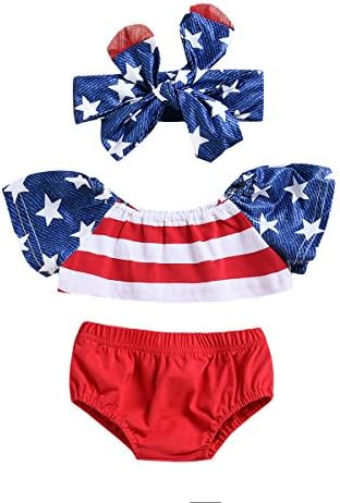 Monbebe 4th of July Toddler Baby Girls American Flag Crop Top + Red Shorts +Headband Outfits (Red, 12-18 Months)