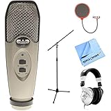 CAD Audio U37 USB Large Diaphragm Cardioid Condenser Microphone w/Tripod, 10' Cable Silver + Mic Wind Screen + Mic Stand with Boom + Behringer HPS3000 Live Sound Monitor Headphones