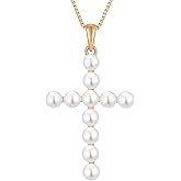 YL Cross Necklace 925 Sterling Silver Halo Freshwater Pearls Pendant Polished Religious Jewelry for Women