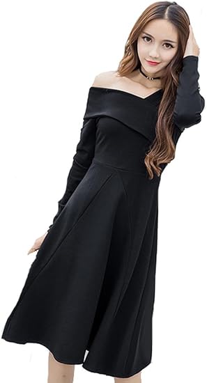 Amazon Kimberley 肩出し アシンメトリー Vネック Aライン 膝丈 長袖 ワンピース ドレス セクシー パーティー キャバドレス ナイトドレス キャバ嬢 服 ファッション小物 通販