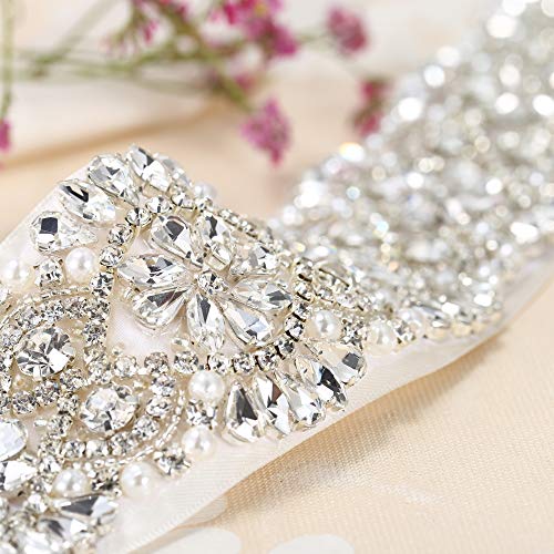 FANGZHIDI Bridal Belt Sash with Rhinestones Silver Floral Crystal Bridal Sash for Wedding Dresses (Sliver, Ivory)