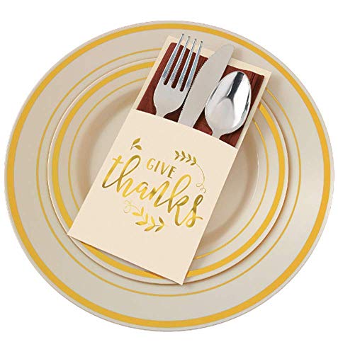 Gold Give Thanks - Thanksgiving Silverware Wraps/Cutlery Holders, 24ct
