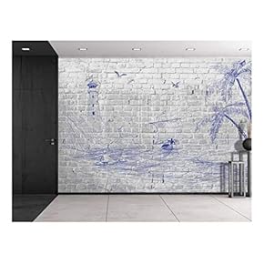 Blue Sketches of a Sailboat and a Lighthouse by The Water - Wall Mural, Removable Sticker, Home Decor - 66x96 inches