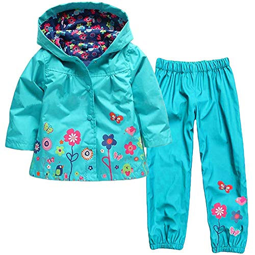 Kintaz Toddler Girls Raincoat Waterproof Floral Rain Jacket Pants Suit with Hooded (24 Months, Blue)