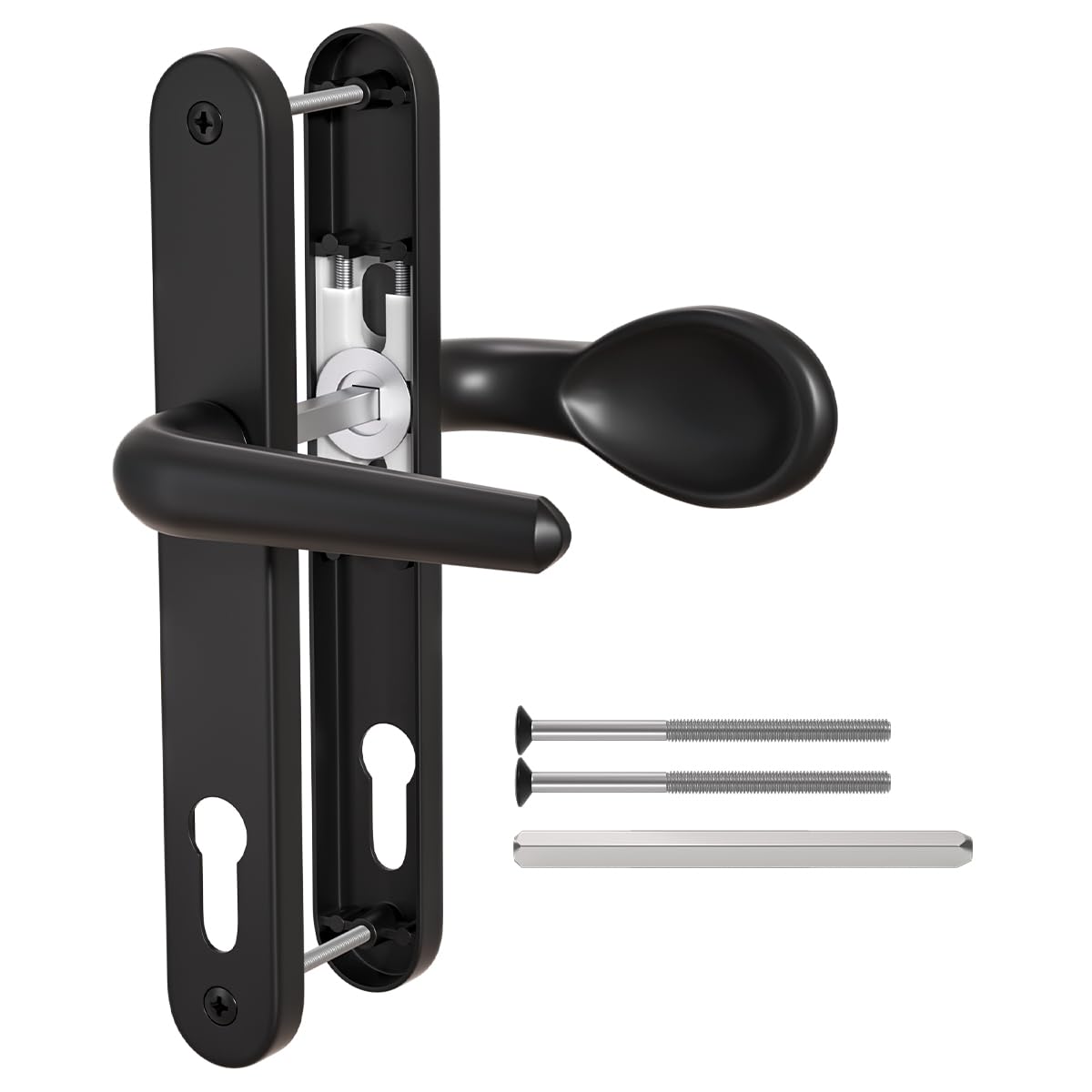Bwintech 1 Pcs Black Aluminum UPVC Door Handle,Lever/Pad Inline 92mm Backset,211mm Screw Hole Distance, 243mm Plate Length Front Door Handles for UPVC Door