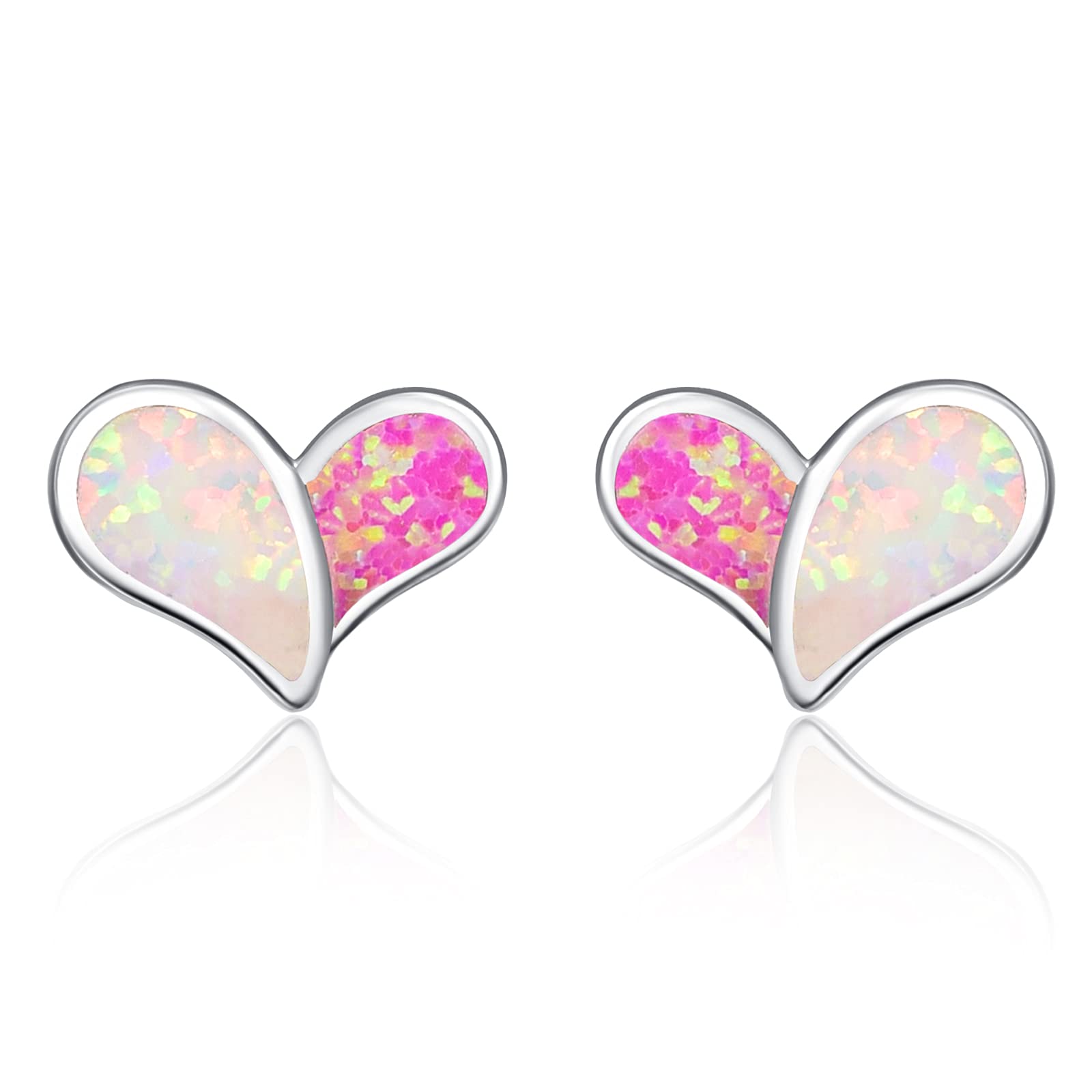KINGWHYTE Heart Stud Earrings for Women 925 Sterling Silver Opal Stud Earrings Pink and White Opal Jewelry Gifts for Her Wife Girlfriend
