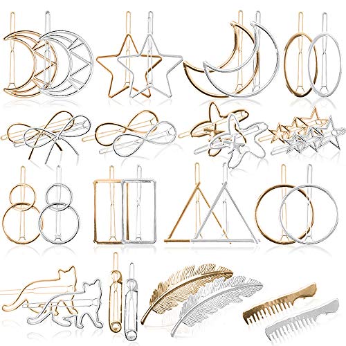 32 pcs Hair Clips Gold Silver Geometric Clips Dainty Feather Moon Triangle Circle Hairpin Star Cat Hair Barrettes for Women