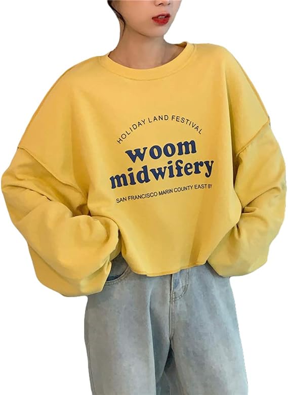 Amazon Qyyレディース トレーナー ゆったり プルオーバー 長袖 ショート丈 トップス ドルマンスリーブ パーカー 韓国ファッション カットソー 可愛い 秋 Zイエロー トレーナー パーカー 通販