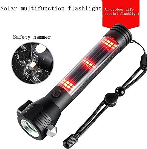 Solar Powered Flashlights Multi-functional Rechargeable USB LED Torchlight with Car Emergency Tool, Attack Hammer, Cutting Knife, Compass for Camping, Hiking,Vehicle,Auto Emergency Kit.