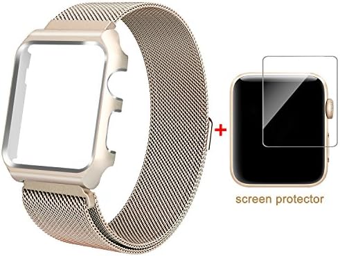 ALNBO for Apple Watch Band 38mm Milanese Loop Magnetic Mesh Stainless Steel iWatch Band with Metal Case and Screen Protector for Apple Watch Nike+ Series 3 Series 2 Series 1 Sport Edition Retro Gold