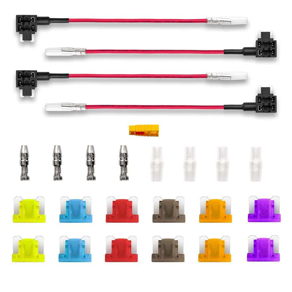 BeiLan 12V 24V Mini Add-a-Circuit Fuse Tap, 4pcs ACN Mini Piggy Back Blade Fuse Holder with Wire Harness, 12pcs Fuse (3A 5A 7.5A 10A 15A 20A) and 1pcs Fuse Puller