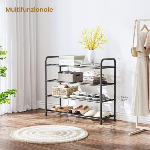 FANHAO Enhanced 4 Tier Stainless Steel Shoe Rack, Shoe Rack Organizer for 12-16 Pairs of Shoes, for Living Room, Wardrobe, Hallway, 68 x 26 x 65 cm (Matt Black)