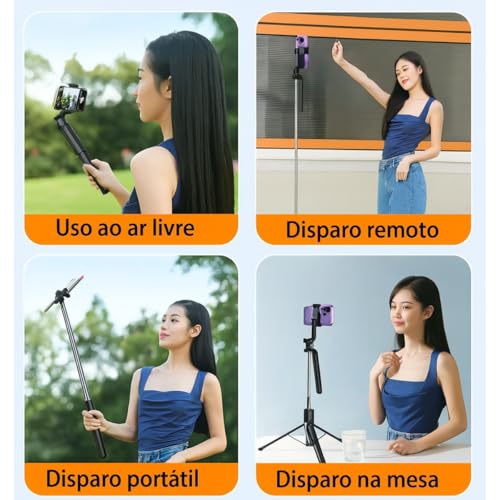 Tripé Bastão de Selfie 3 em 1 – Compacto e Extensível até 1,70 m de Altura, Controle Bluetooth, Rotação 360° – Para Gravações, Reels, TikTok, YouTube, iPhone e Android