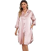 Kasual Women's Satin Nightgown Button Down Sleepshirt Silky Pajama Dress 3/4 Sleeve Sleepwear Boyfriend Nightshirt