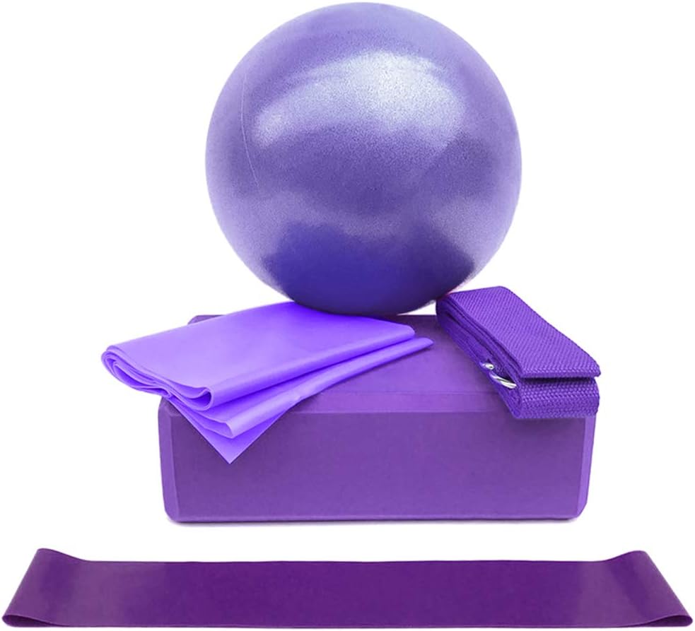 GYFHMY 5 Pcs Yoga Accessories Set - Includes Yoga Blocks, Ball, Stretching Band, Cotton Strap and Resistance Loop Band - Best Gift for Home, Gym, Pilates Beginners
