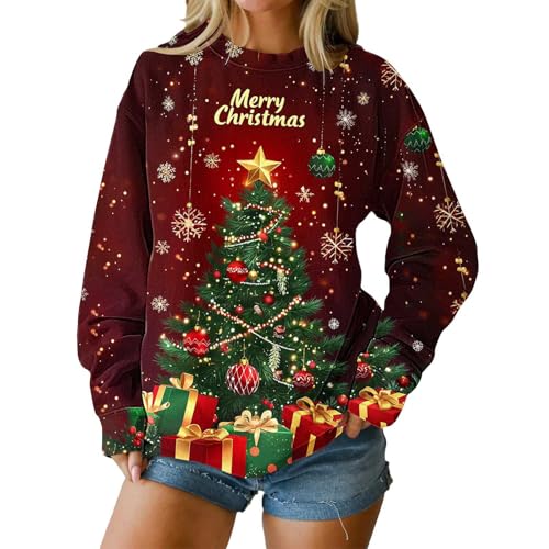 Christmas Jumpers for Women Colorful Christmas-Tree Snowman Snowflakes Print Sweatshirt Loose Funny Christmas Jumpers Long Sleeve Crewneck Ugly Shirt Ladies Fashion Hoodies Sweaters Tops