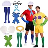 BOUTICOL 11 Pcs Halloween Couple Cartoon Characters Costume including Glasses Hats Gloves Socks Neckerchiefs Belts Shells and Purple Colored Pens for Men Women Character Cosplay