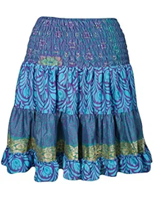 Womens Evelyn Silk Skirt Full Flare Recycled Sari Tiered Boho Knee Length Skirts