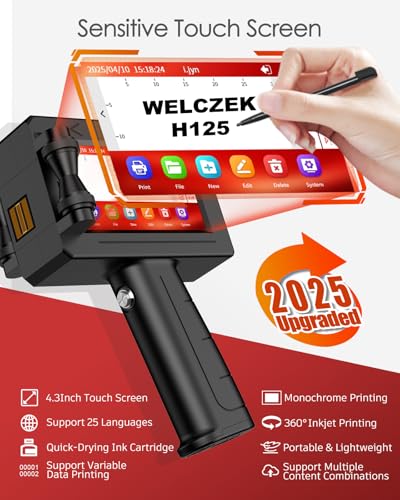 WELCZEK H125 Portable and Manual Inkjet Printer for Text/Logo/QR Code/Date/Batch/Series | Industrial Marking System on Cardboard/Metal/Plastic/Ceramic/Wood/Fabric