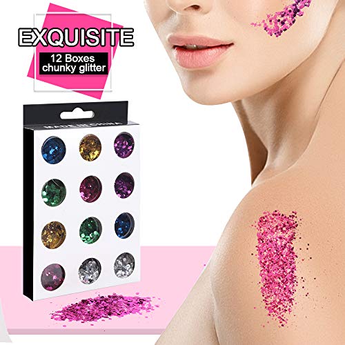 60g Chunky Glitter, HNYYZL 12 Boxes 5g Holographic Iridescent Chunky Glitter Body Glitter for Face, Arm, Hair, Nail Cosmetic, or for Festival,Party Decoration(Gold, Blue, Purple, Pink, Green, Silver)