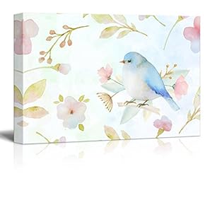 Canvas Wall Art - Watercolor Style Painting with Bird and Floral Patterns - Giclee Print Gallery Wrap Modern Home Art Ready to Hang - 12x18 inches