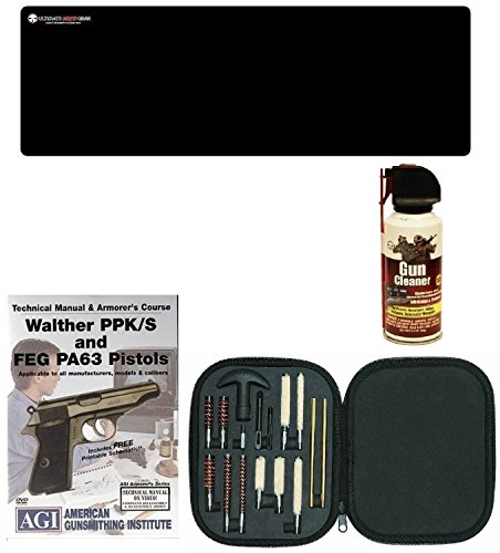 AGI DVD Pistols Armorer's Course Walther PPK/S and FEG PA63 Pistols + Ultimate Arms Gear Gunsmith Cleaning Gun Mat + 17pc Pistol Cleaning Kit Brushes Swab Tips and Patches + Gun Cleaner Spray
