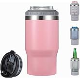 FAMKX 14oz 4 in 1 Stainless Steel Can Cooler Beer Bottle Insulator With 2 Lids for 12oz can&bottle, Double walled insulated Thermocooler &Travel Mug Holder Keeping Your Bevearge Cold (PINK#)