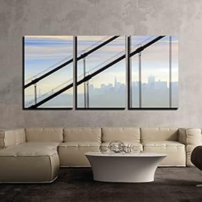 3 Piece Canvas Wall Art - Golden Gate Bridge and Downtown San Francisco, USA - Modern Home Art Stretched and Framed Ready to Hang - 16"x24"x3 Panels