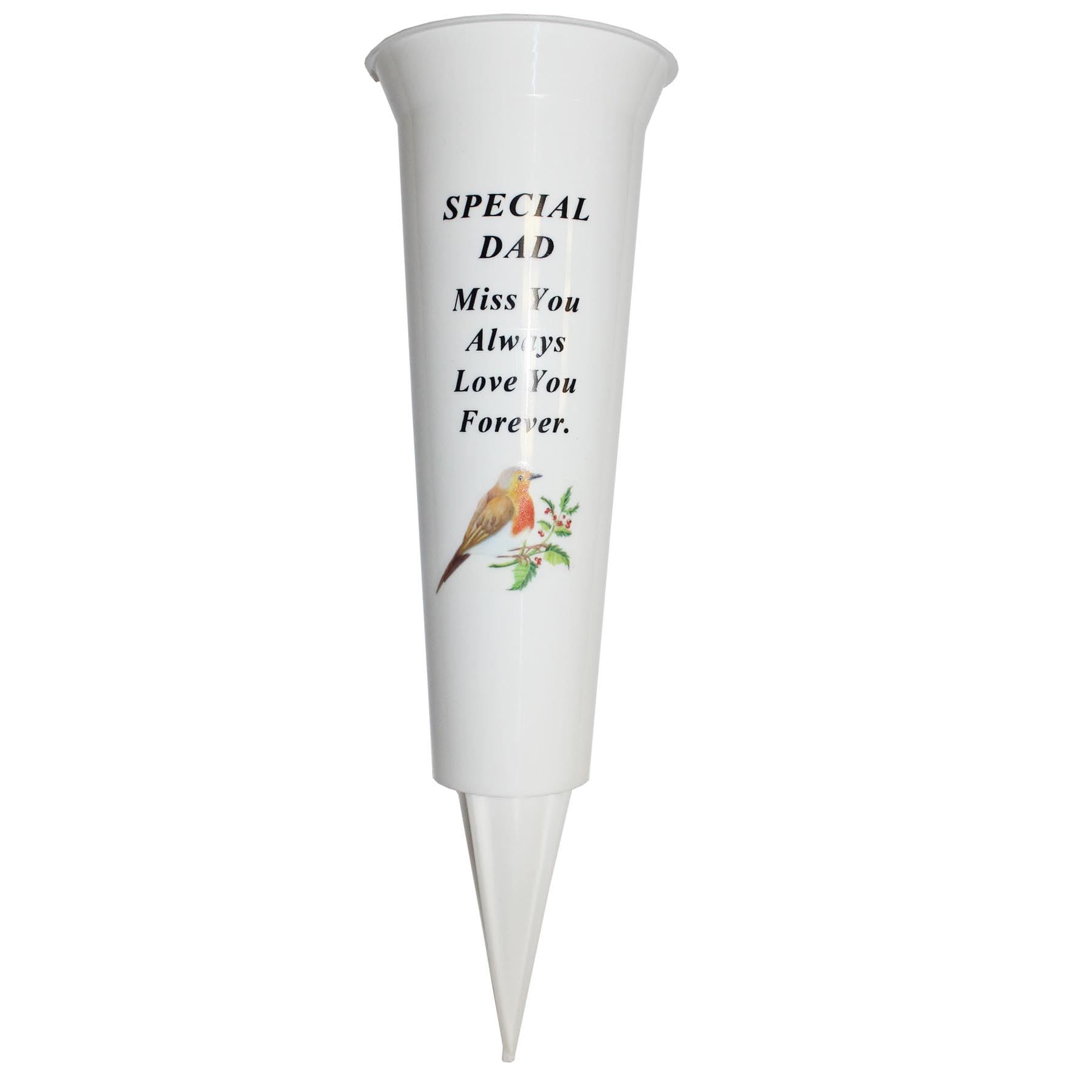 Memorial Grave Flower Pot - 33cm tall Sturdy White Memorial Graveside Flower Vase with Spike and Robin Image (Special Dad 8705)