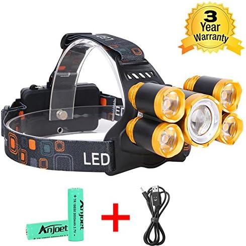 LED Headlamp Geefawa Super Bright 5 LED High Lumen Rechargeable Zoomable Waterproof Head Torch Headlight Flashlight for Outdoor Hiking Camping Hunting Fishing Cycling Running Walking