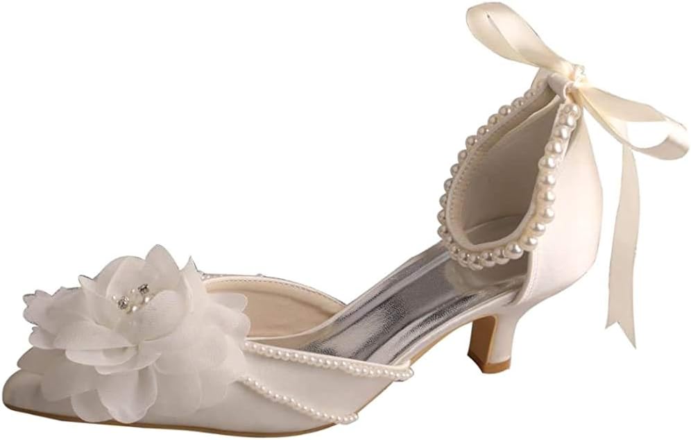 Wedopus MW448 Womens Pointed Toe Flower Low Heel Pearl Strap Bridal Shoes Wedding